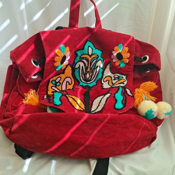 America & Beyond Drawstring Pom Pom Backpack  Floral Suede School Bag Girls Gift - Picture 17 of 17